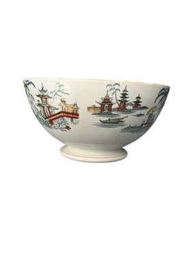 Antique Decorative Ceramic Temple Scene Serving Bowl - Red & Green Accents